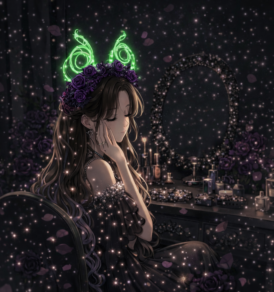 Dreamy brunette girl in floral ear headband at a glowing vanity with floating petals and rhinestone sparkles