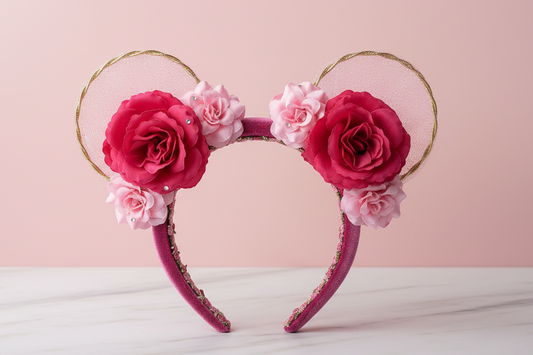 Pink floral mouse-ear headband with gold accents on a pink background
