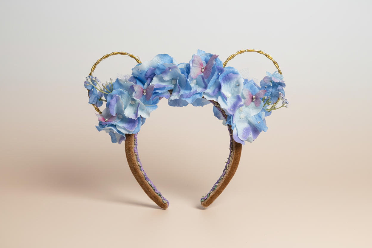 Floral headband with blue and purple flowers on a beige background
